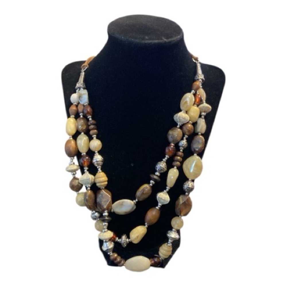 Premier Designs Sundance Multilayered Strand Silver Wood Glass Beads Necklace